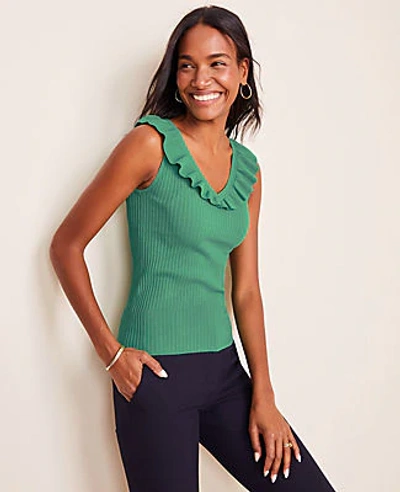 Ann Taylor Petite Ruffle Ribbed Sweater Shell Top In Crystal Green