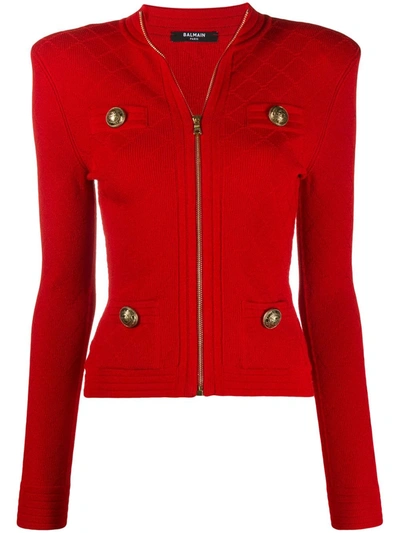 Balmain Zip-up Knitted Cardigan In Red
