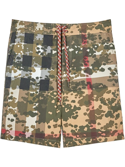 Burberry Camouflage Check Swim Shorts In Beige,black,brown
