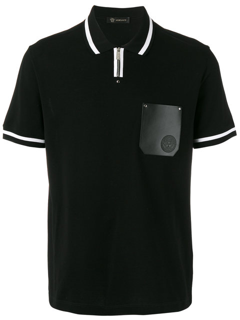 Versace Leather Pocket Pure Cotton Polo Shirt In Black | ModeSens