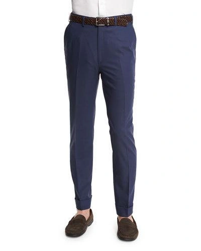 Brioni Micro-tic Flat-front Trousers, Navy