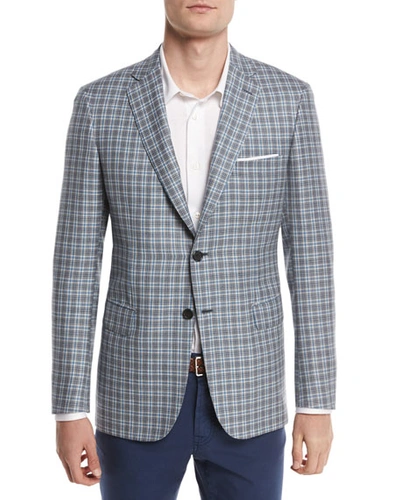 Brioni Check Plaid Two-button Sport Coat, Light Gray/blue