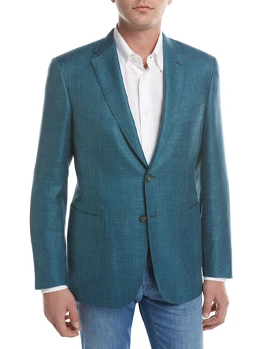 Brioni Solid Wool-silk-linen Two-button Blazer, Teal Green/blue