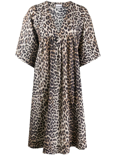 Ganni Leopard Print Cotton & Silk Dress