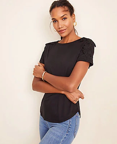 Ann Taylor Petite Lace Sleeve Tee In Black