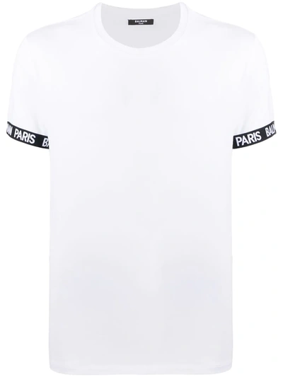 Balmain Men's Crewneck T-shirt W/ Logo Print In White