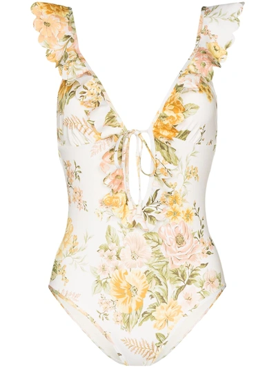 Zimmermann Amelie Ruffle Neck Backless Swimsuit In Neutrals