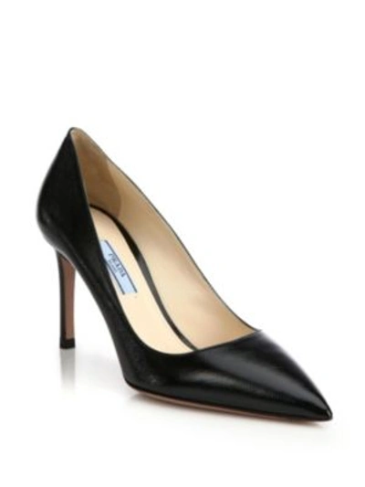 Prada Glossed Textured-leather Pumps In Black