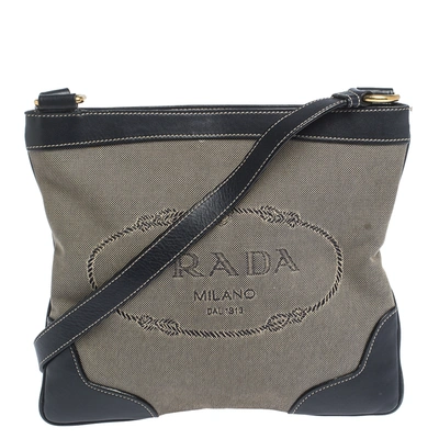 Pre-owned Prada Dark Blue/white Logo Jacquard Canvas And Leather Crossbody Bag