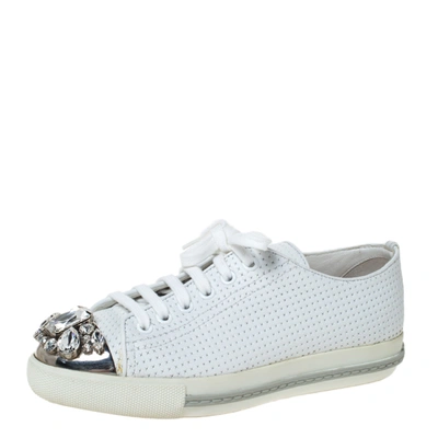 Pre-owned Miu Miu White Perforated Leather Crystal Embellished Cap Toe Sneakers Size 35.5