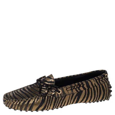 Pre-owned Tod's Metallic Gold Zebra Print Suede Gommino Driving Loafers Size 37