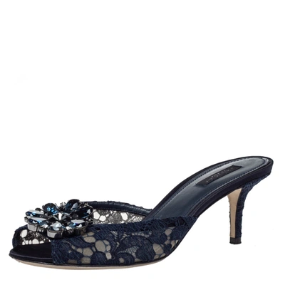 Pre-owned Dolce & Gabbana Black Lace Keria Crystal Embellished Open Toe Sandals Size 39 In Blue