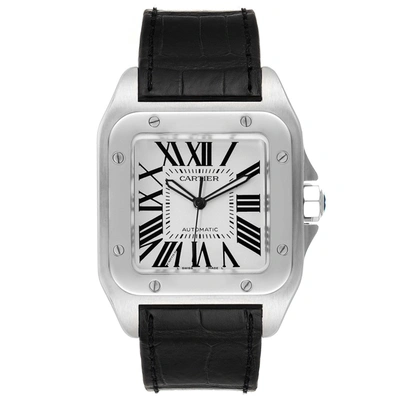 Cartier Santos 100 Silver Dial Black Strap Steel Mens Watch W20073x8 Box Papers In Not Applicable