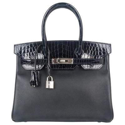 Pre-owned Hermes Birkin 30 Touch Bag Blue Marine Crocodile And Black Leather Palladium In Grey