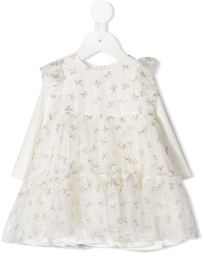 Monnalisa Babies' Glitter Bow Print Ruffle Detail Dress In White