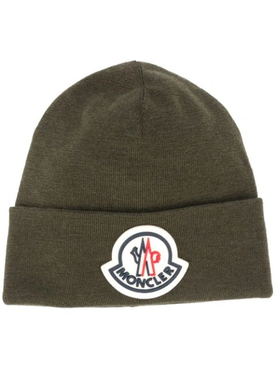 Moncler Logo Patch Wool Beanie In Green