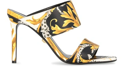 Versace Barocco Print Calf Leather Heeled Sandals In White Black Gold Gold