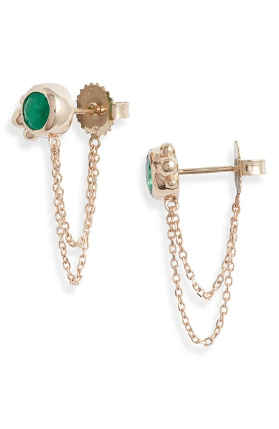 Anzie Bonheur Emerald Chain Stud Earrings In Yellow Gold/ Green