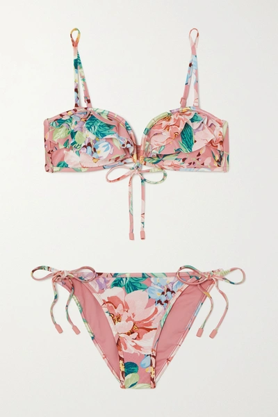 Zimmermann Bellitude Ruffled Floral-print Bikini In Baby Pink
