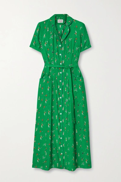 Hvn Maria Belted Printed Silk Crepe De Chine Midi Dress In Green