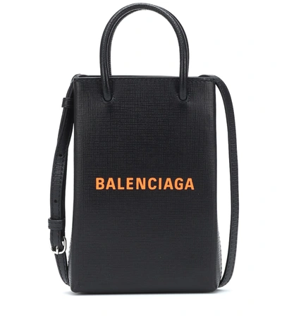Balenciaga Shopping Phone Pouch Leather Tote In Black