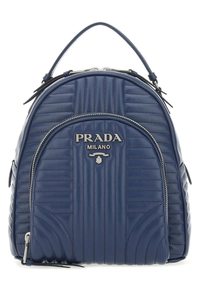 Prada Logo Plaque Quilted Backpack In Blue