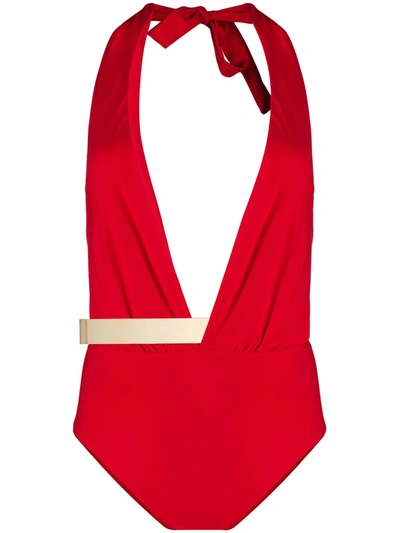Moeva Deep V-neck Tie Back Swimsuit In Red