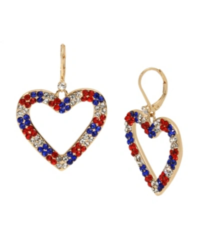 Betsey Johnson Heart Drop Earrings In Gold-tone Metal, 1.75" In Red/white/blue