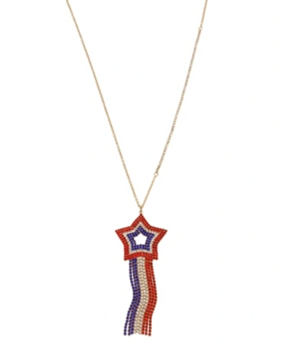 Betsey Johnson Star Fringe Pendant Necklace In Gold-tone Metal, 24" + 3" Extender In Red/white/blue
