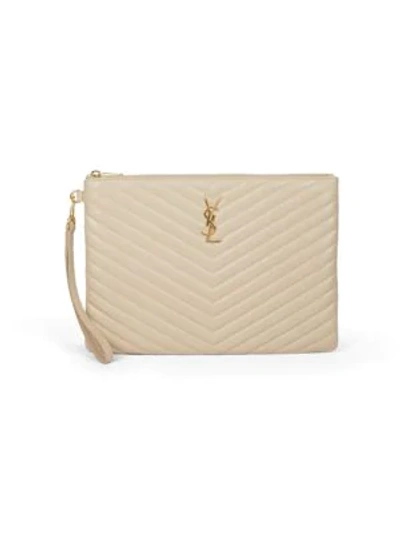 Saint Laurent Women's Medium Monogram Matelassé Leather Wristlet In Sea Salt