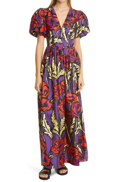 La Doublej Persephone Puff Sleeve Silk Maxi Dress In Big Blooms Viola