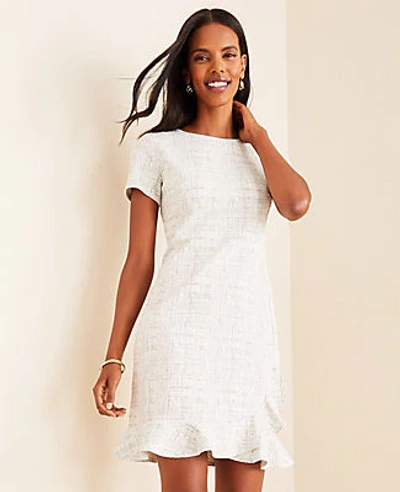 Ann Taylor Petite Tweed Ruffle Hem Dress In White Multi