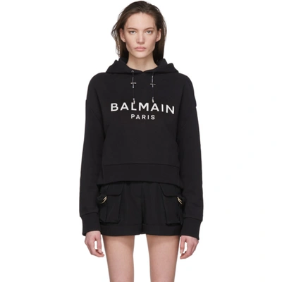 Balmain Logo Crop Cotton Sweatshirt Hoodie In Black
