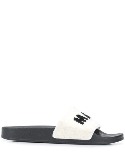 Marni Fleeced Logo Slides In Lily White Black