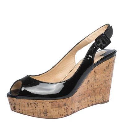Pre-owned Christian Louboutin Black Patent Leather Une Plume Peep Toe Slingback Cork Wedges Size 36
