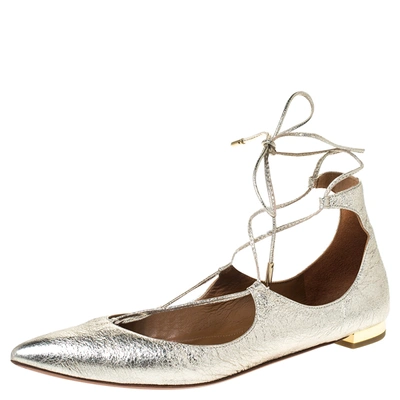 Pre-owned Aquazzura Gold Foil Leather Christy Lace Up Pointed Toe Flats Size 38 In Metallic