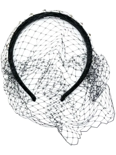 Red Valentino Lace & Leather Headband In Black