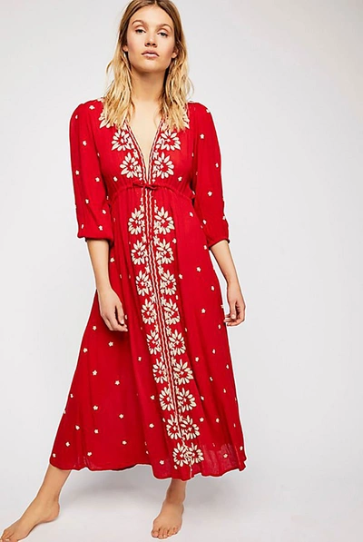Free People Embroidered V Maxi Dress In Red In Rock N Roll Red Combo