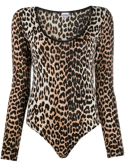 Ganni Long-sleeved Leopard-print Jersey Bodysuit In Neutrals