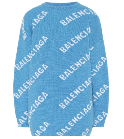 Balenciaga Long Sleeve Crew Neck Logo Sweater In Blue
