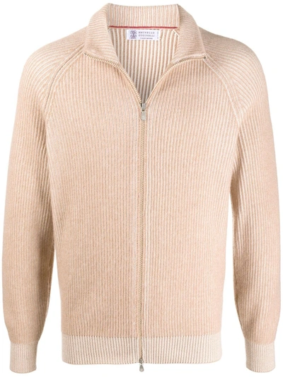 Brunello Cucinelli Zip-through Ribbed Sweatshirt In Neutrals