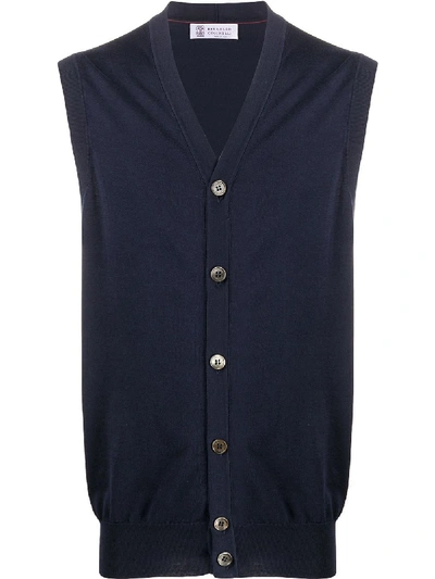 Brunello Cucinelli Fine Knit Buttoned Waistcoat In Blue