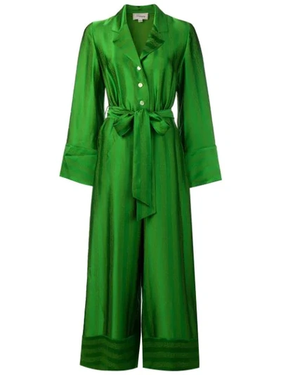 Temperley London Gaia Belted Satin-jacquard Wide-leg Jumpsuit In Green