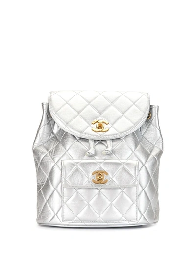 Pre-owned Chanel 1992 Diamond Quilted Drawstring Backpack In Silver