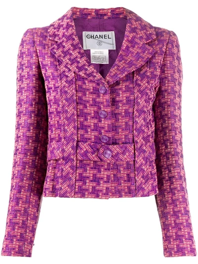 Pre-owned Chanel Houndstooth Pattern Belted Jacket In Purple