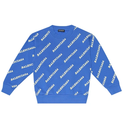 Balenciaga Kids' All Over Logo Print Cotton Sweatshirt In Blue