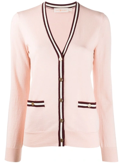 Tory Burch Striped Trim Cardigan In Pink,white,red