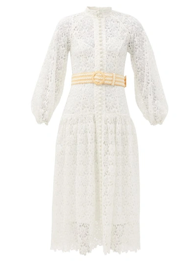 Zimmermann Belted Button-detailed Guipure Lace Midi Dress In Ivory