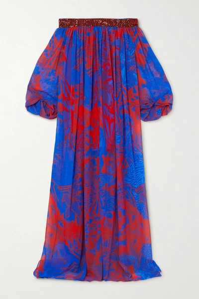 Halpern Off-the-shoulder Sequin-embellished Printed Georgette Maxi Dress In Blue