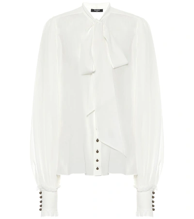 Balmain Ascot Bow Sheer Silk Georgette Blouse In White